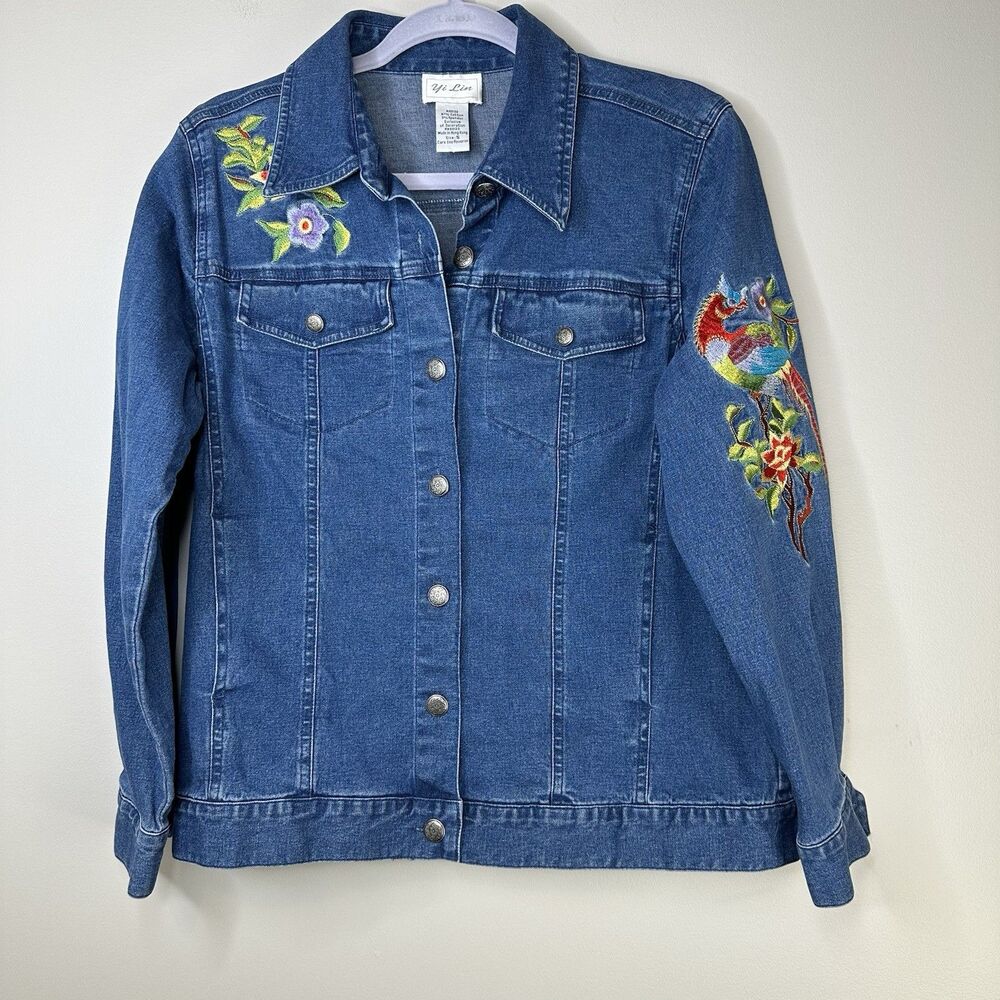 YI LIN Denim Jacket Women Small Blue Jean Floral Bird Embroider Southwestern VTG